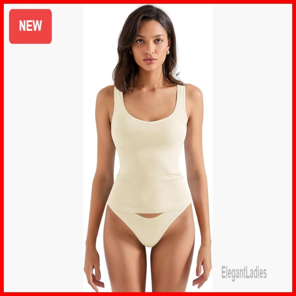 Cotton Ribbed Tank Top with Built-In Bra, Slim Fit, Summer Casual